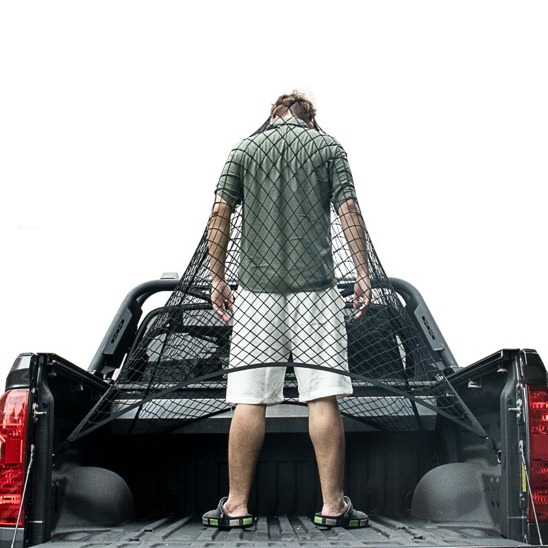 Isvo Cargo Net for Pickup Truck Bed  Trucks Cargo Net Mesh Organizer  4'x4' Stretch to 7'x7' Highly Elastic Truck Bed Net for Camping  Trip Luggage  Compatible with Trailer  Ford  Chevrolet  Dodge - Image 1